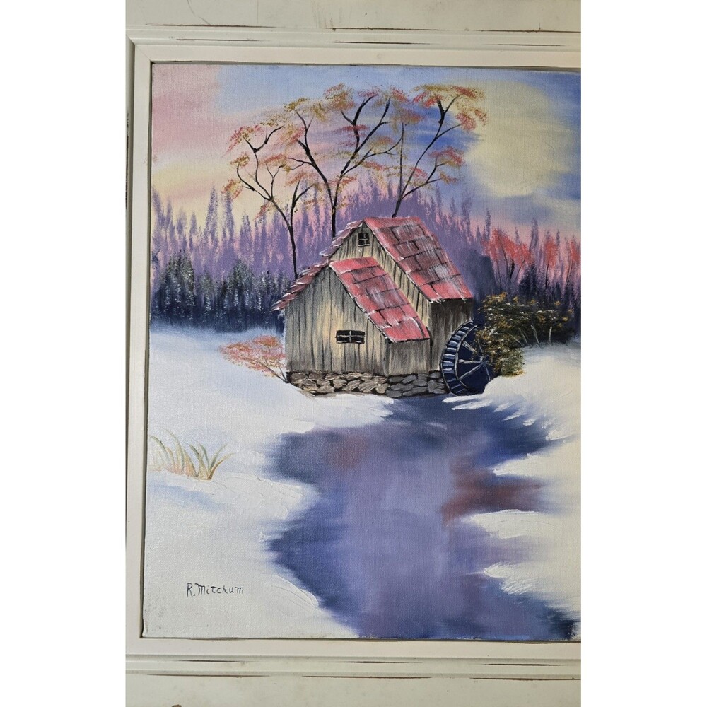Vintage R Mitchum Signed Oil Painting Winter Watermill Red Barn Sunset Landscape